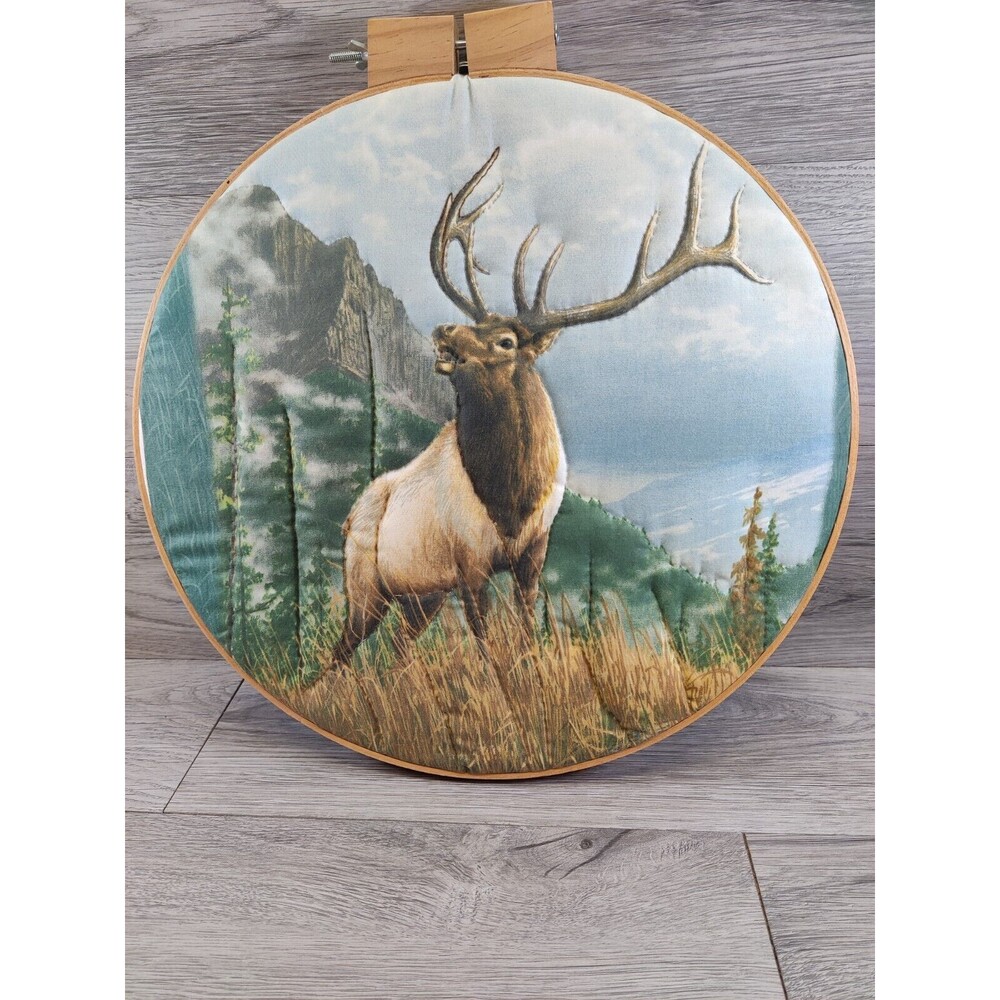 Elk Mountain Scene PUFFY QUILTED NEEDLEWORK HOOP FRAMed-2010